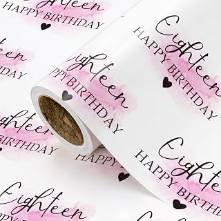 WRAPAHOLIC 18th Birthday Wrapping Paper Roll - Mini Roll - 17 Inch x 16.5 Feet - Blusher and Eighteen Happy Birthday Wrapping Paper for Girls Bday, Baby Shower, Party