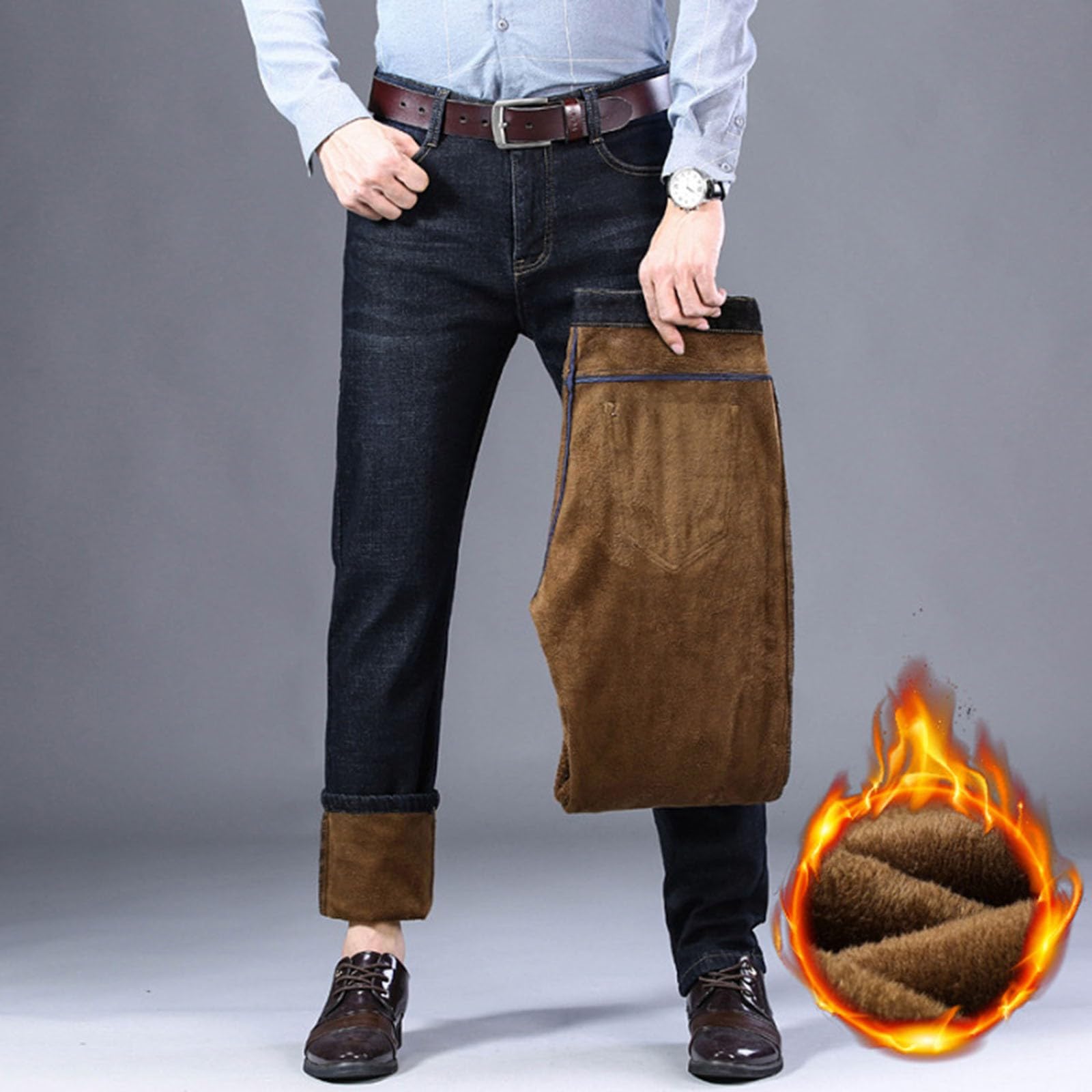 Generisch Pantaloni termici da uomo, pantaloni da neve, in pile Teddy, con imbottitura calda, gamba dritta, pile felpato, jeans termici