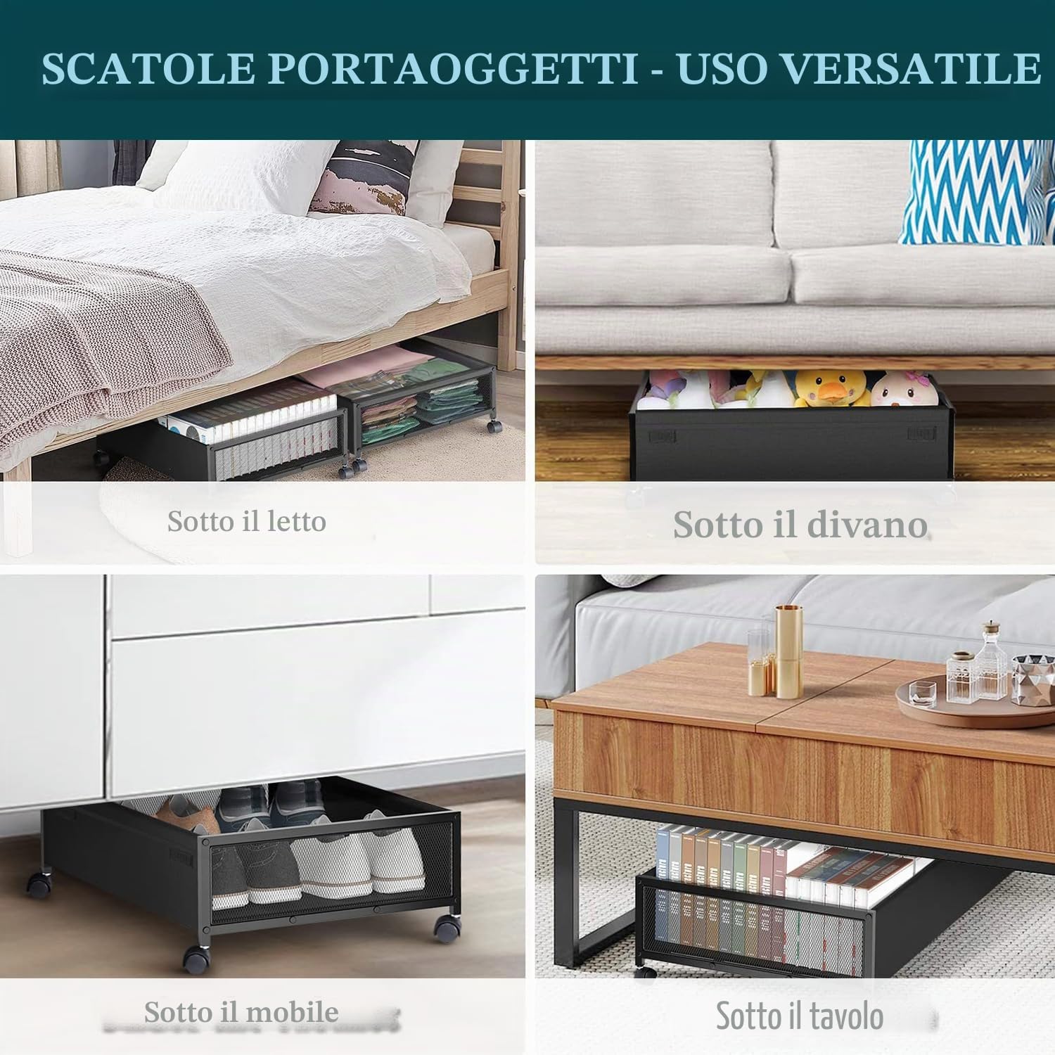 Contenitori sottoletto con ruote, 2 pezzi, 80x42x18 cm | Telaio metallico nero, coperchio trasparente, ordine salvaspazio per vestiti, scarpe e giocattoli