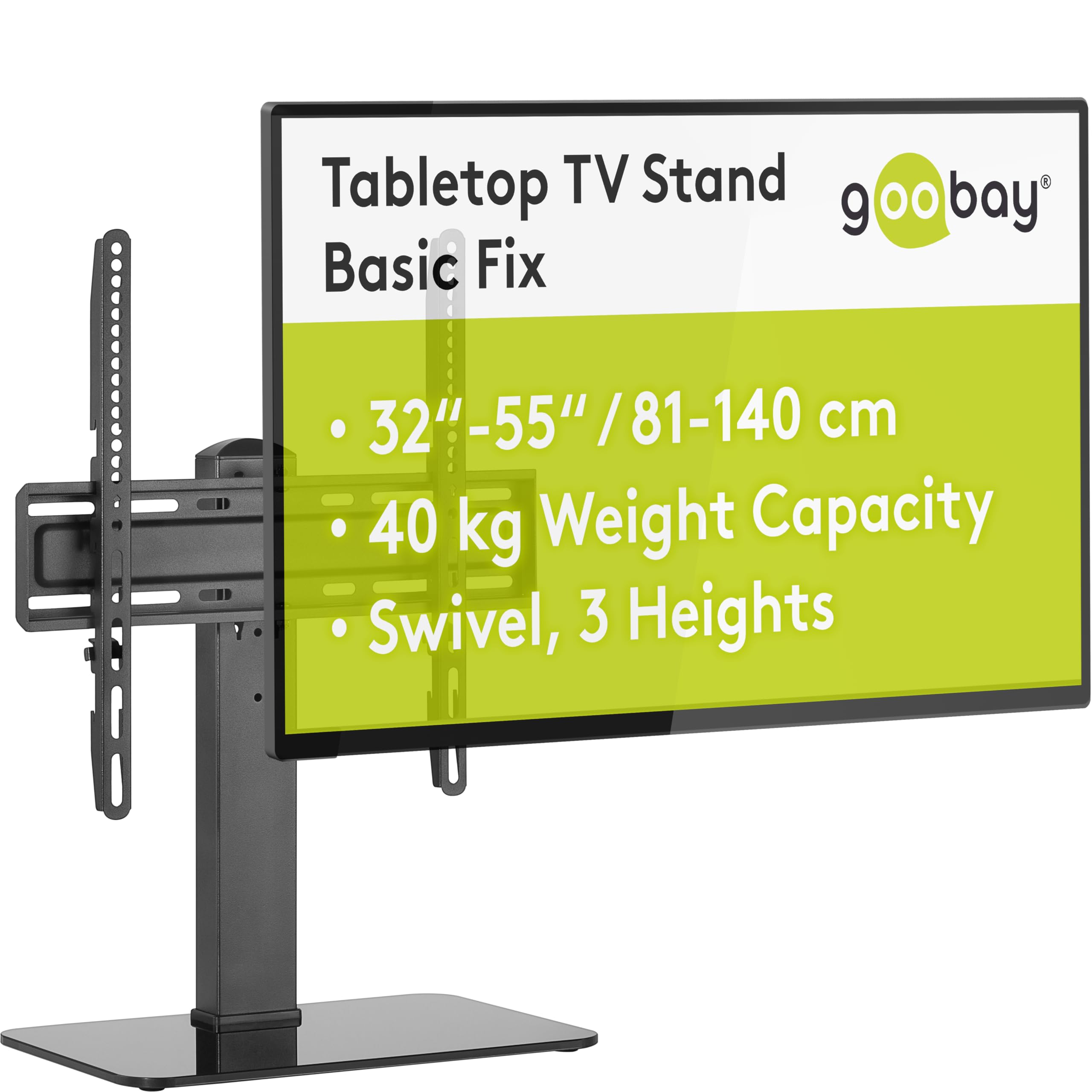 goobay Supporto TV da Pavimento 32-55 Pollici Girevole 35 Gradi Regolabile in Altezza Compatibile VESA Fino a 40 kg Base in Vetro - 58524