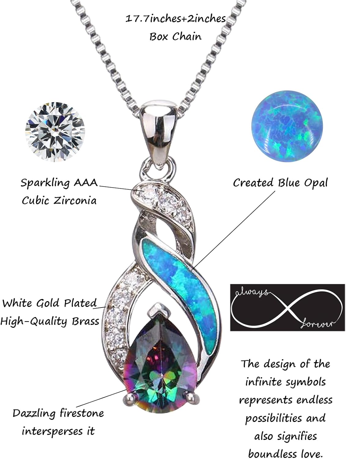 Opal Jewelry Set for Women- Infinity Necklace with Cubic Zirconia Gold Plated Earrings Created Opal Necklace for Women Birthday Gift