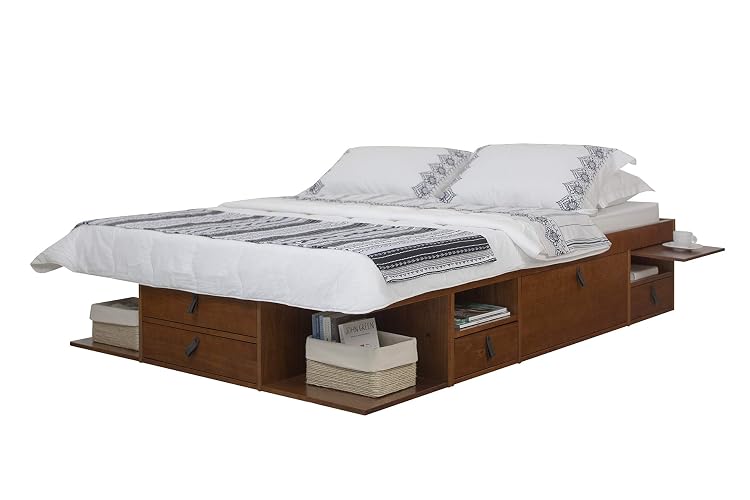 memomad Bali Queen Size Storage Platform Bed with 6 Drawers, 6 Shelves, 2 Door Cabinets, 2 Pullout Nightstands, Solid Pine Wood Bed Frame with Underbed Storage, No Box Spring Needed, Caramel Brown