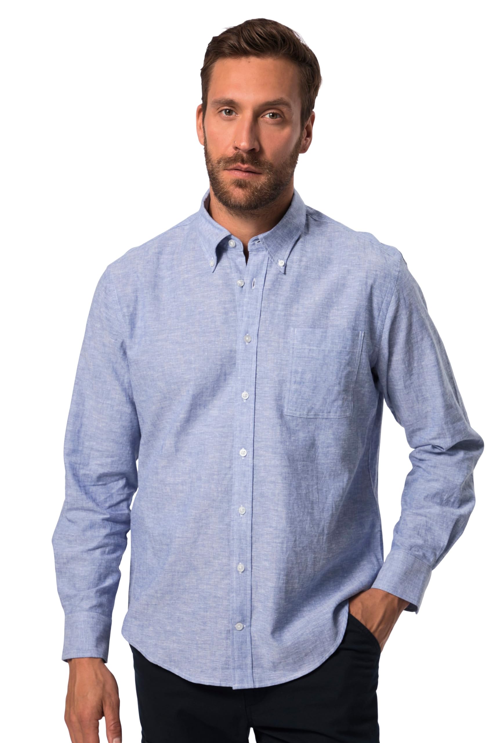 JP 1880 Camisa de Lino, Manga Larga, Cuello Abotonado, Corte Moderno, Azul, XL para Hombre