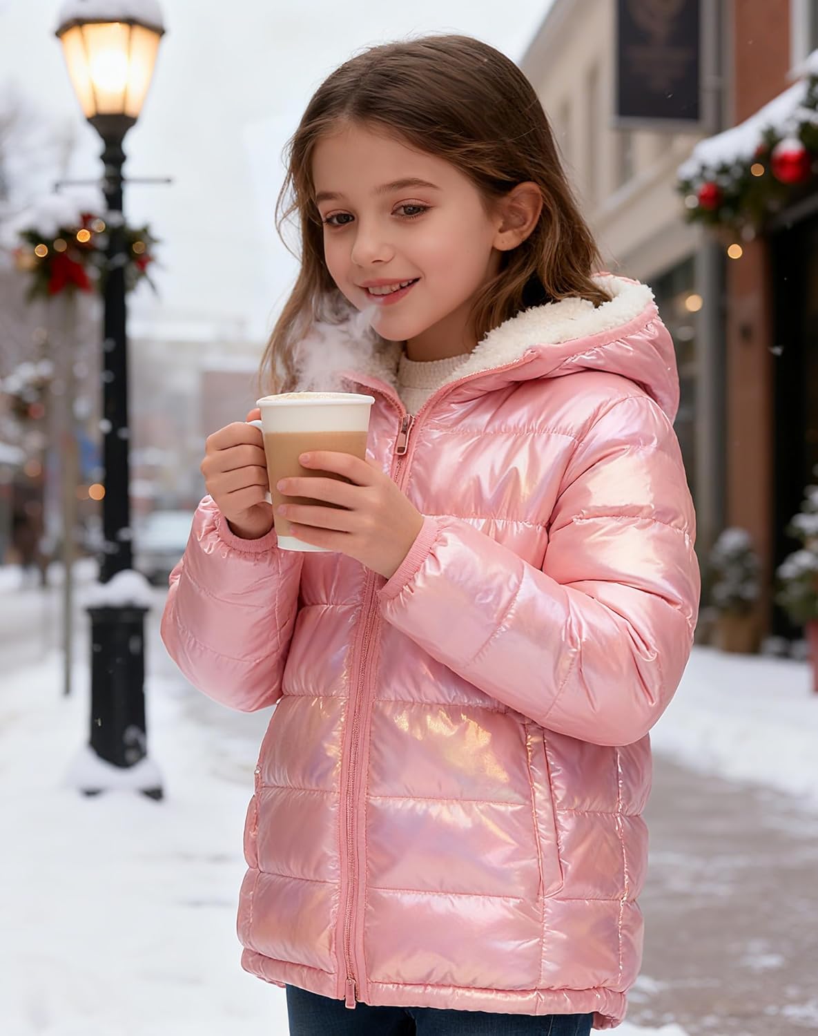 Lovekider 4-12 Years Girls Metallic Shine Hooded Puffer Jacket Packable Warmth Padded Winter Coat - Image 3