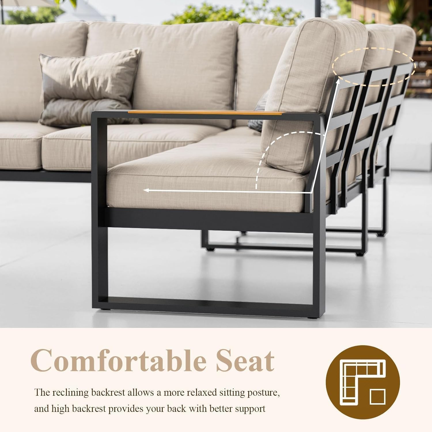 Aluminum Outdoor L Shaped Patio Sofa Set - All-Weather Modern Couch with Teak Desktop Table for Porch, Backyard, Deck
