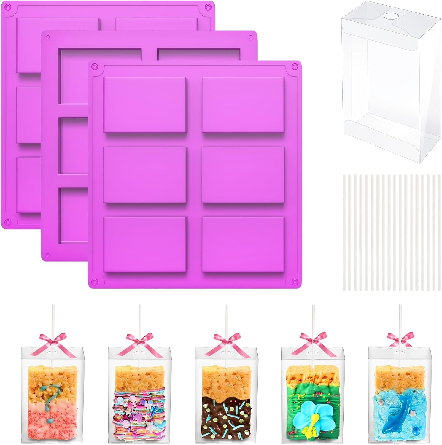 MGWOTH Rice Krispy Treats Making Set: 3PCS Silicone Crispy Cereal Bar Mold with 85 Clear Boxes & Cake Pop Sticks, Small Baking Container for Marshmallow, Halloween Chocolate Dessert Party Packaging