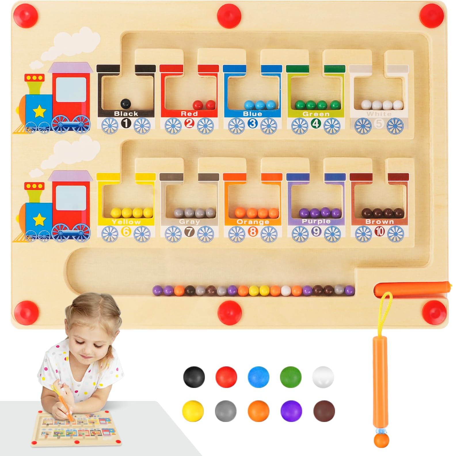 Ainiv Magnetic Colour and Number Maze, Montessori Wooden Toys Counting Matching Games, Magnetic Maze Fine Motor Skills Toys, Educational Toys for 3 4 5 6 7 Years Old Boys Girls Birthday Gifts-Train