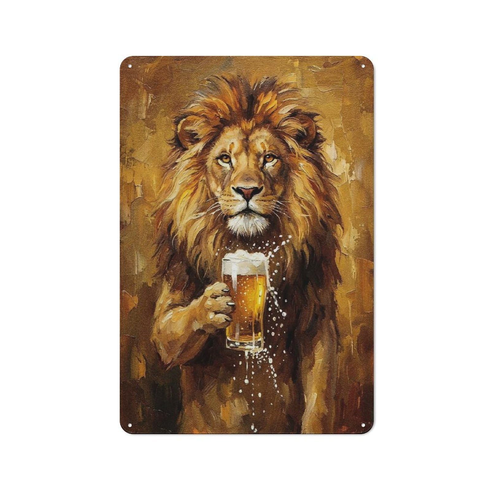 Junmoney Style-3 Workshop Style Lion With Beer Painting Tin Sign 30X20cm, Garage Wall Decor For Tool Room, Garage, Studio Or Home Bar