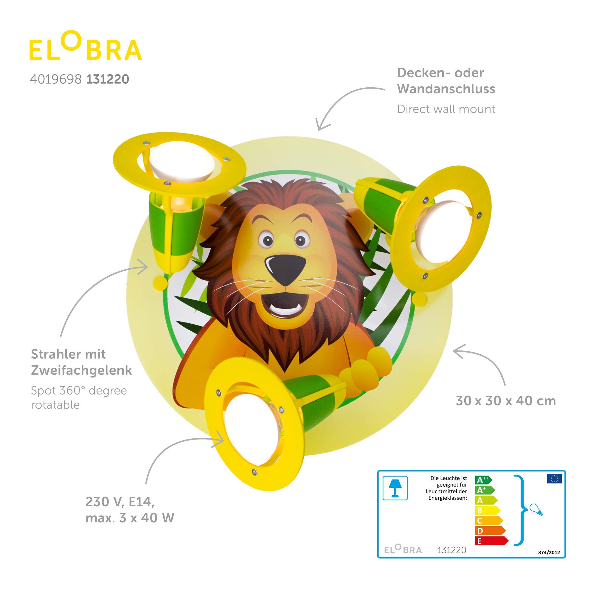 Elobra Deckenlampe Löwe, Tier Lampe für Kinder, Jungen oder Mädchen Lampe, 3 schwenkbaren Spots mit E14 Fassung, Grün, Gelb