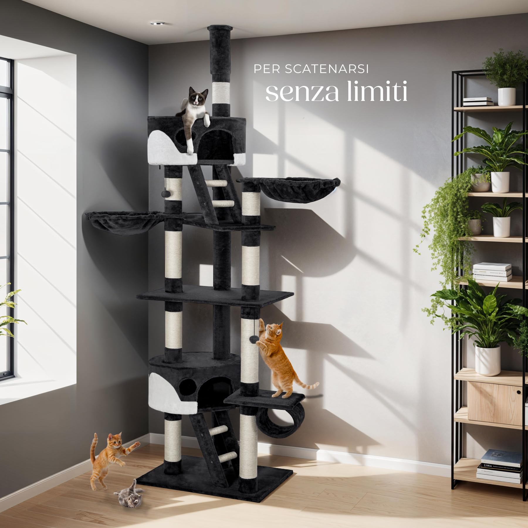 tectake® Albero Tiragraffi per Gatti, con 2 Casette, 3 Piattaforme, Altezza Regolabile 243-260 cm, Barre in Sisal 8 cm di Diametro, Ideale per Gioco e Riposo - Nero/Bianco