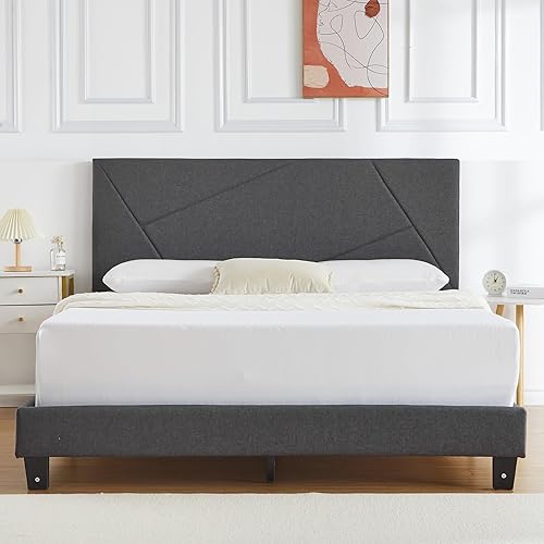 Miniatura 4 de Base de cama tamaño Queen con cabecera geométrica tapizada, cama de plataforma resistente, no necesita somier, color gris oscuro