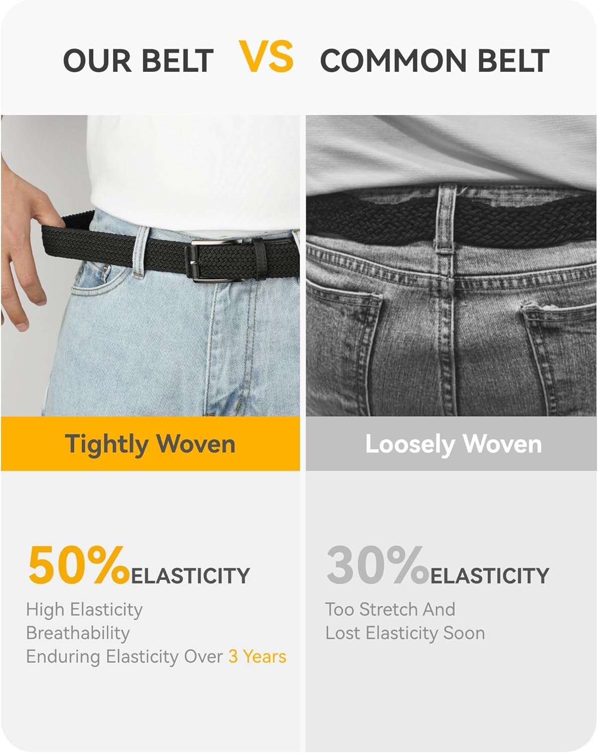 CHAOREN Stretch Belt Men 2 Pack - 1 3/8" Braided Golf Belts For Men - Casual Elastic For Pants and Jeans - Image 5