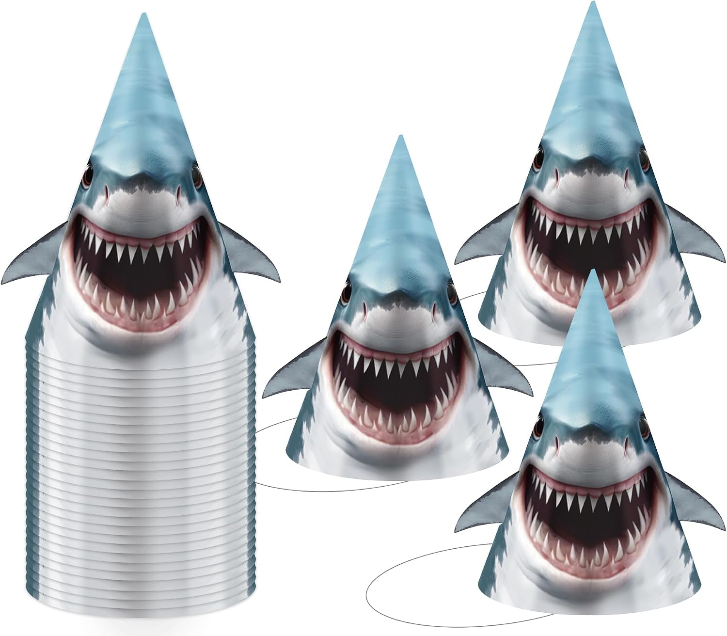CHUNNIN 24pcs Shark Party Hats Shark Birthday Party Supplies Ocean Animal Cone Hat Happy Birthdays Paper Headwear for Adults Under the Sea Shower Parties Decorations Favors