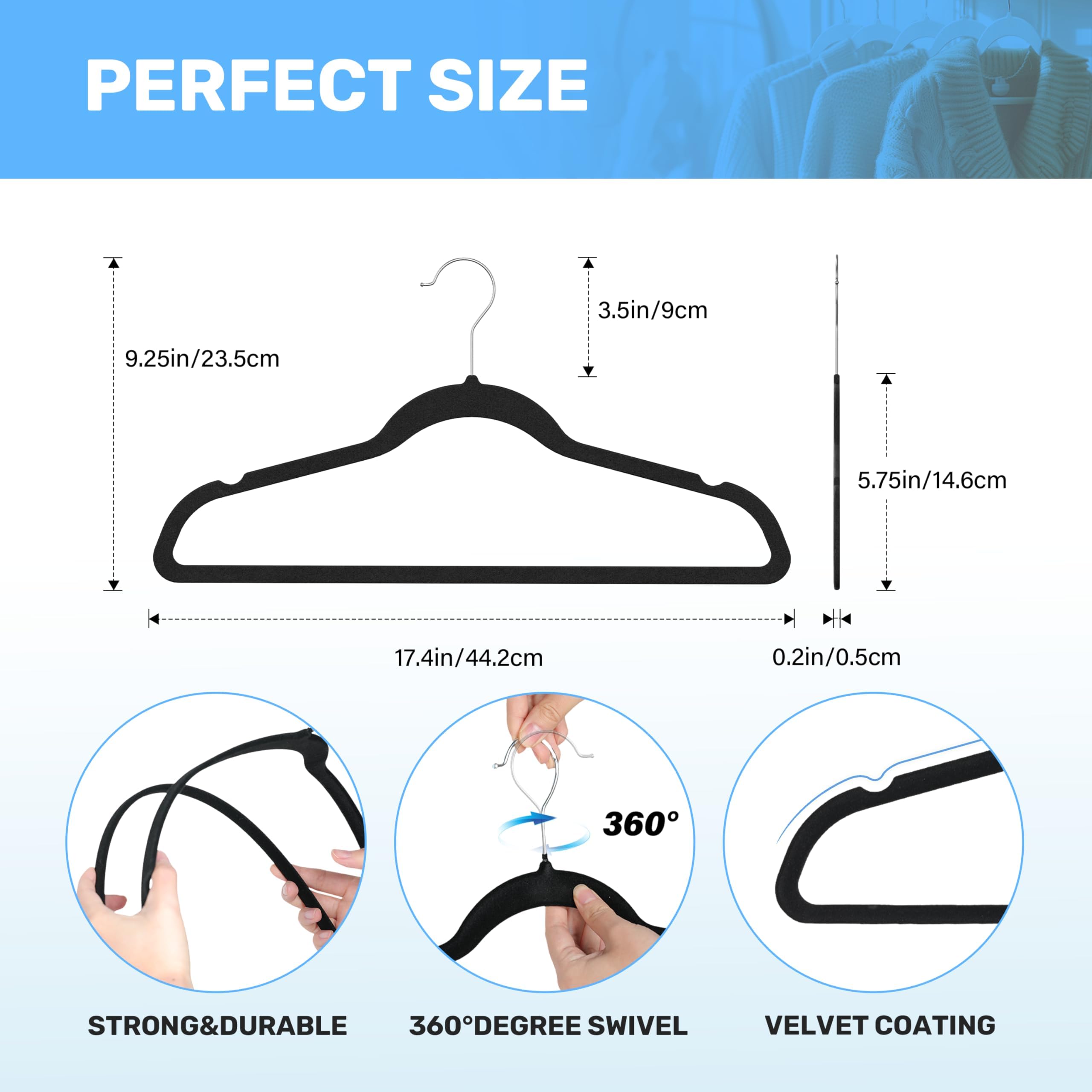 Simple Deluxe Velvet Hangers 30 Pack, Heavy Duty Coat Suit Hangers for Closet Space Saving, Non-Slip Clothes Hangers with Shoulder Notches, 360° Swivel Hooks, Black