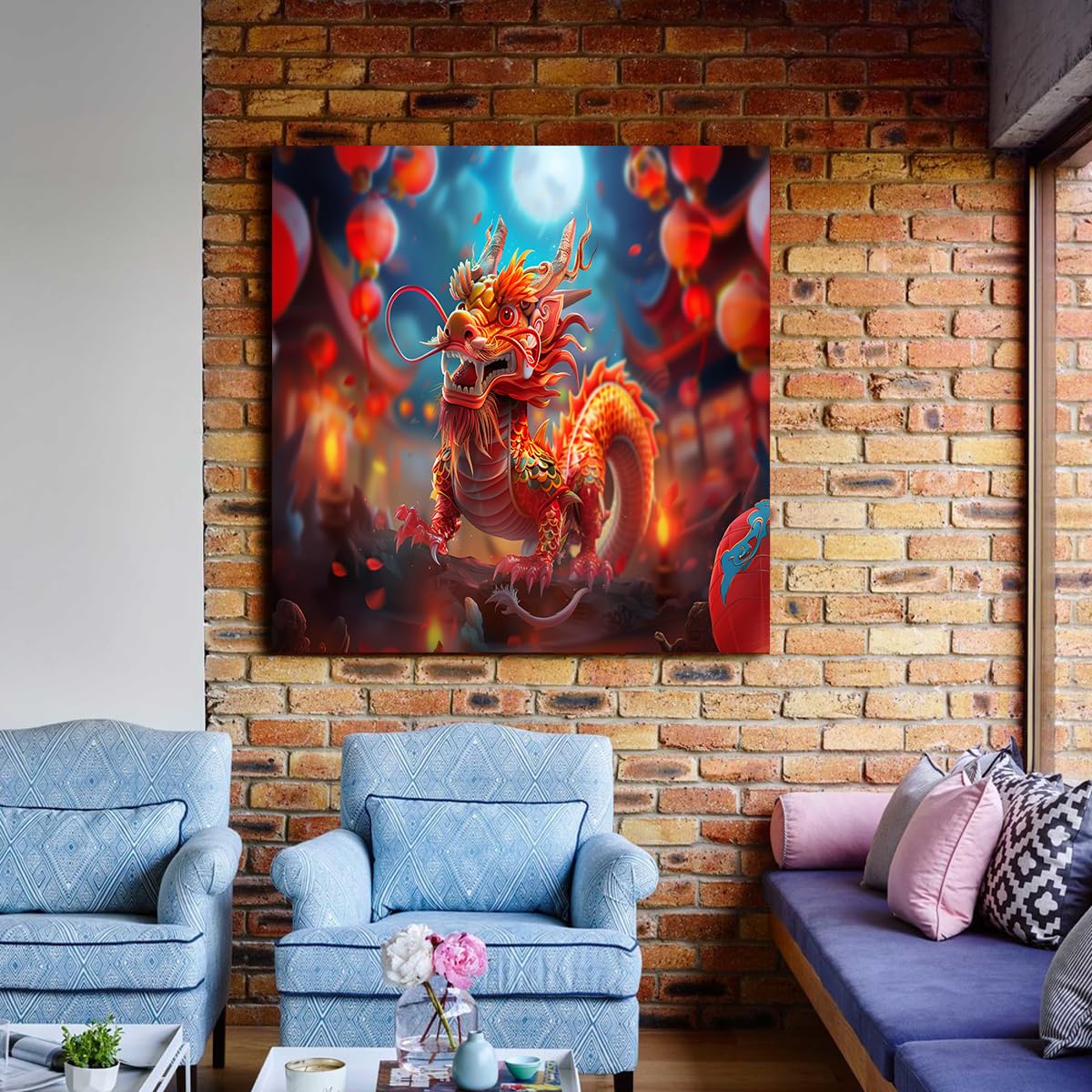 TOANGWALL Chiński smok sztuka ścienna obraz księżyca w pełni mityczne stworzenie oprawione pływające lampiony plakat do biura dekoracja sypialni 90x90cm