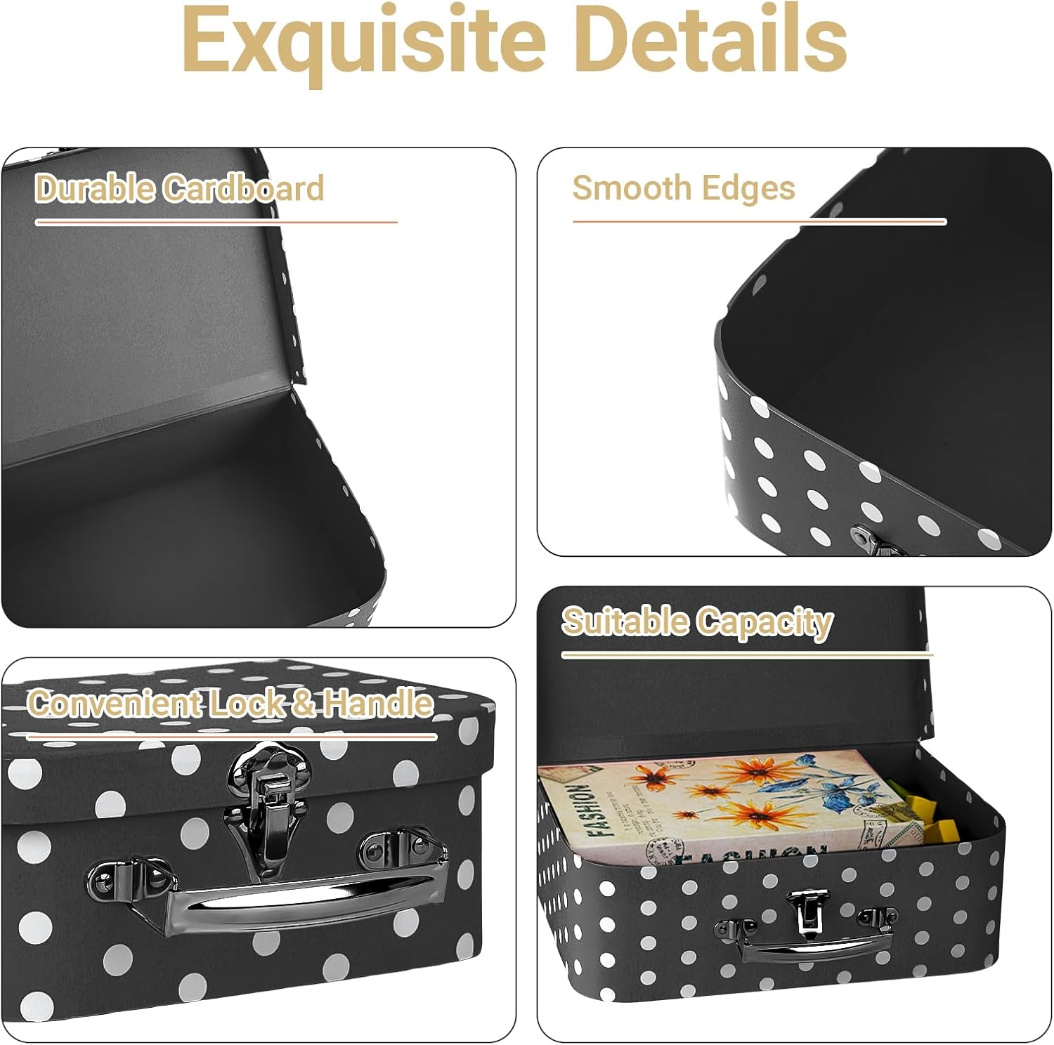 Paperboard Suitcases Set of 3 Decorative Storage Boxes with Lids,Cute Storage Gift Boxes for Toys,Photos,Hat,Birthday Party Home Decoration(Black)