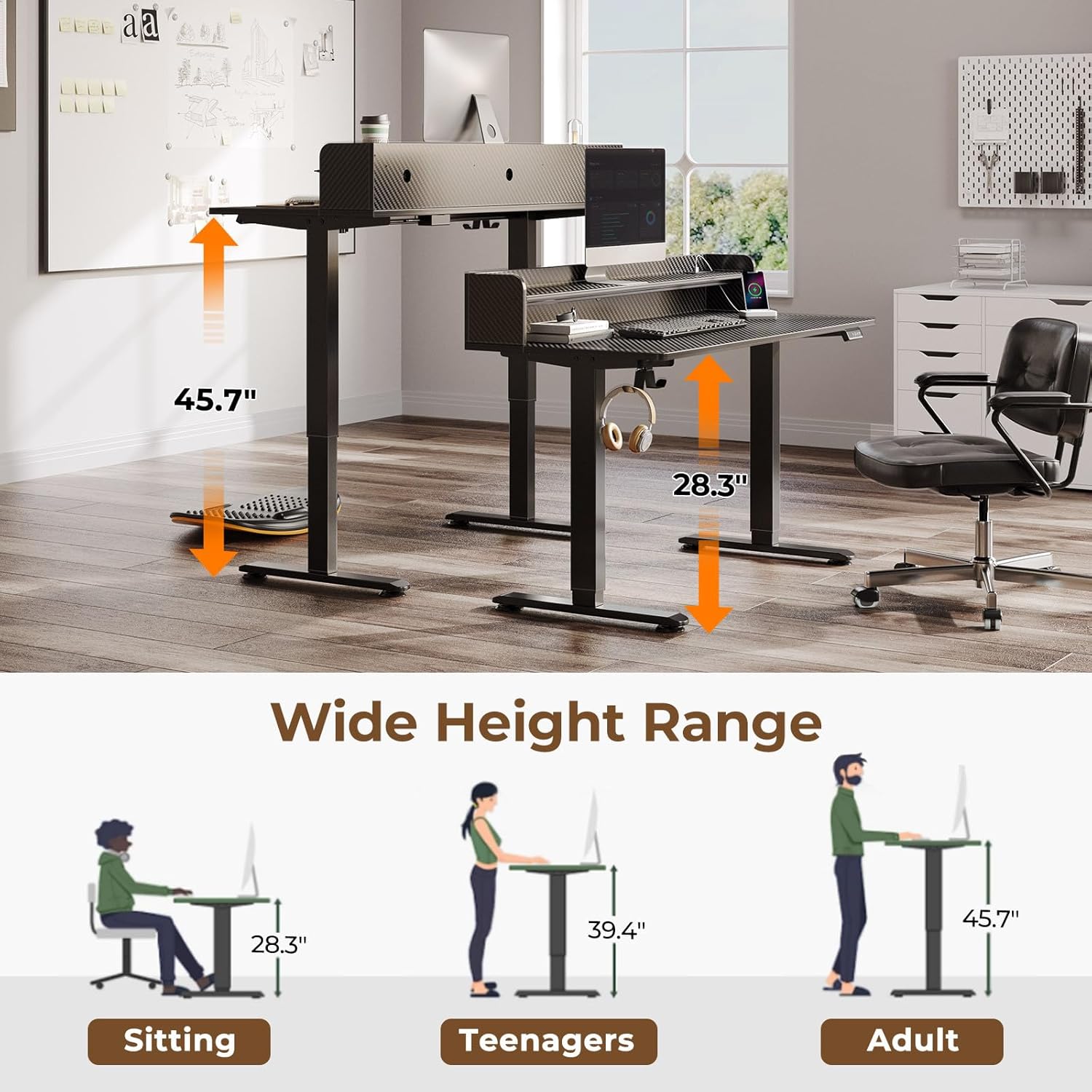 Diagram showing the adjustable height range of the Rolanstar standing desk for sitting, teenagers, and adults.