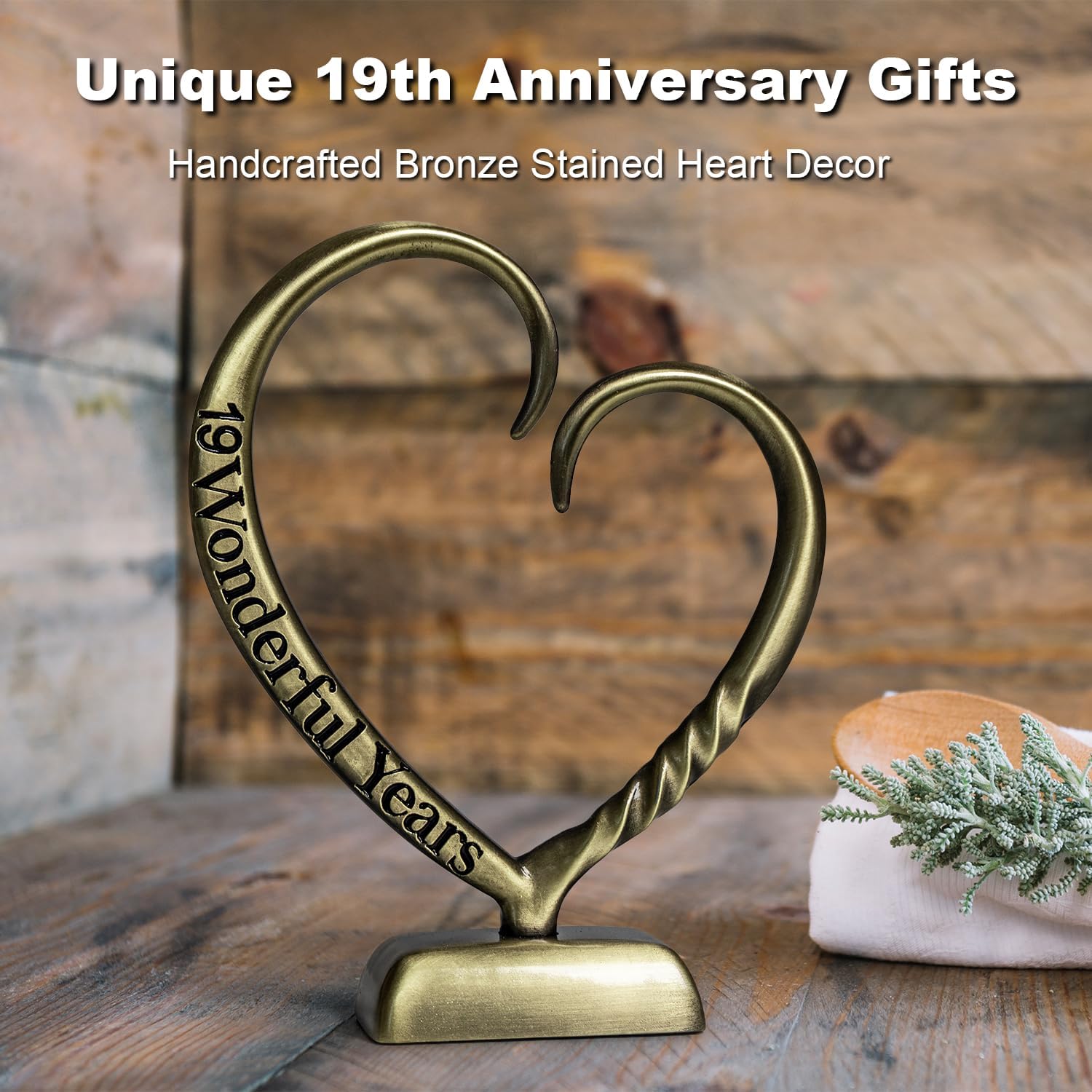 BESZONE 19 Year Anniversary Bronze Gifts for Her Him Gift 19th Wedding Anniversary for Couples Wife Husband Men, Hand Forged Bronze Heart Art Keepsake Home Decor Artwork
