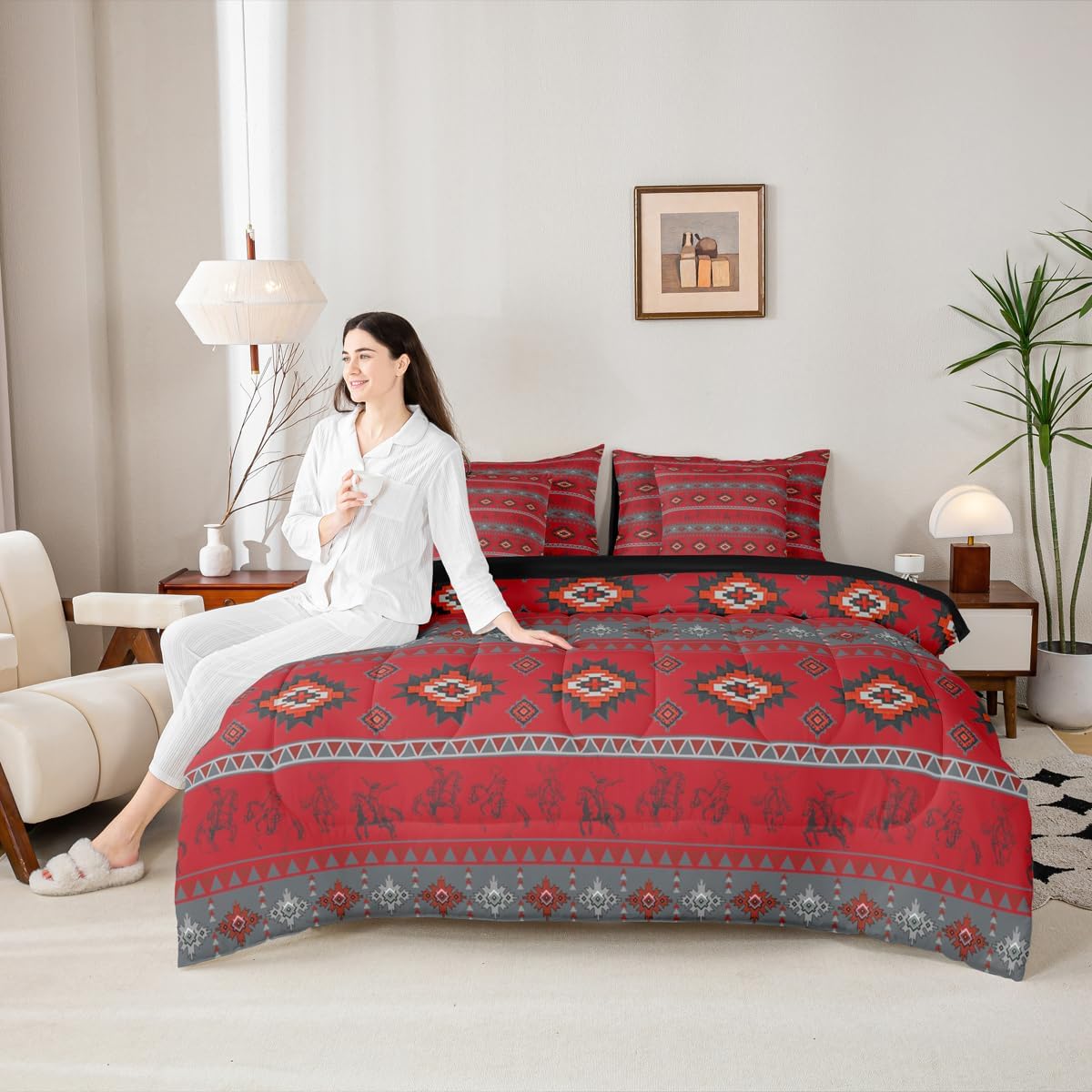 Feelyou Western Cowboy Queen Comforter Set with Sheets for Kids Boys Girls Southwestern Aztec Pattern 7 Pieces Bedding Set Horse Riding Design Bed in a Bag Ranch Farmhouse Room Decor Red Gray