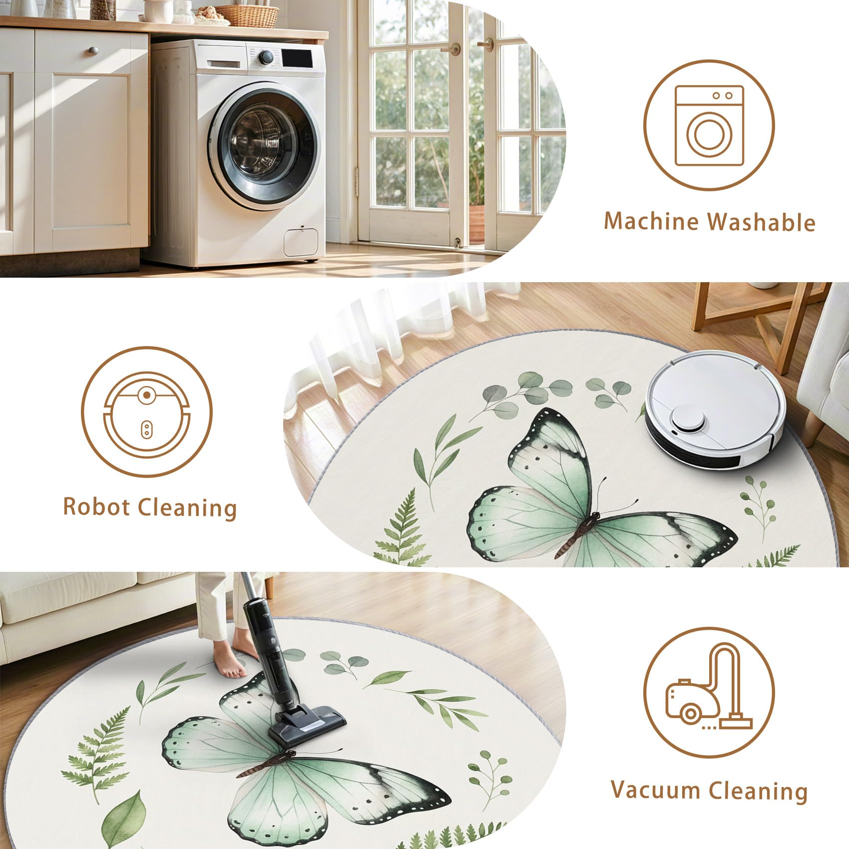 Schmetterling Teppich Rund 120cm Kurzflor - Waschbare Teppiche Wohnzimmer Mädchen Blätter Grün Boho Schmetterlinge - Runder Teppich 120 Durchmesser Kinderzimmer - Bettvorleger rutschfest