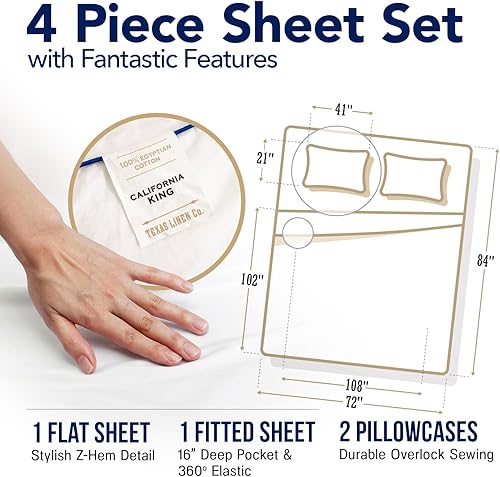 Miniatura 5 de Juego de sábanas California King 100% algodón egipcio, sábanas de 1000 hilos, 4 piezas, suaves, refrescantes, sábanas de hotel de lujo de fibra