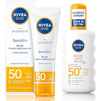 NIVEA SUN Sensitive Set with Sun Protection for the Face & Spray with SPF 50 Fragrance-Free Face Cream Soothes Skin Irritation Waterproof Sun Spray for Sensitive Skin