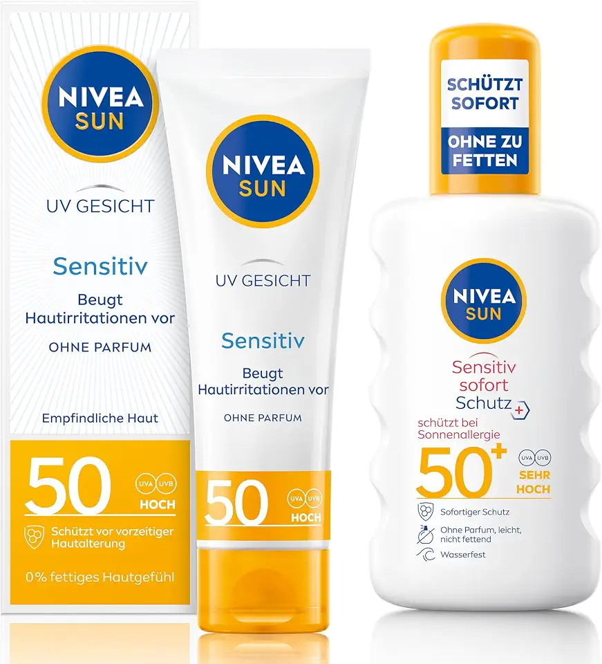 NIVEA SUN Sensitiv Set mit Sonnenschutz für das Gesicht & Spray mit LSF 50, parfümfreie Gesichtscreme beruhigt Hautirritationen, wasserfestes Sonnenspray für empfindliche Haut
