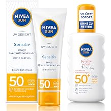 NIVEA SUN Sensitive Set with Sun Protection for the Face & Spray with SPF 50 Fragrance-Free Face Cream Soothes Skin Irritation Waterproof Sun Spray for Sensitive Skin
