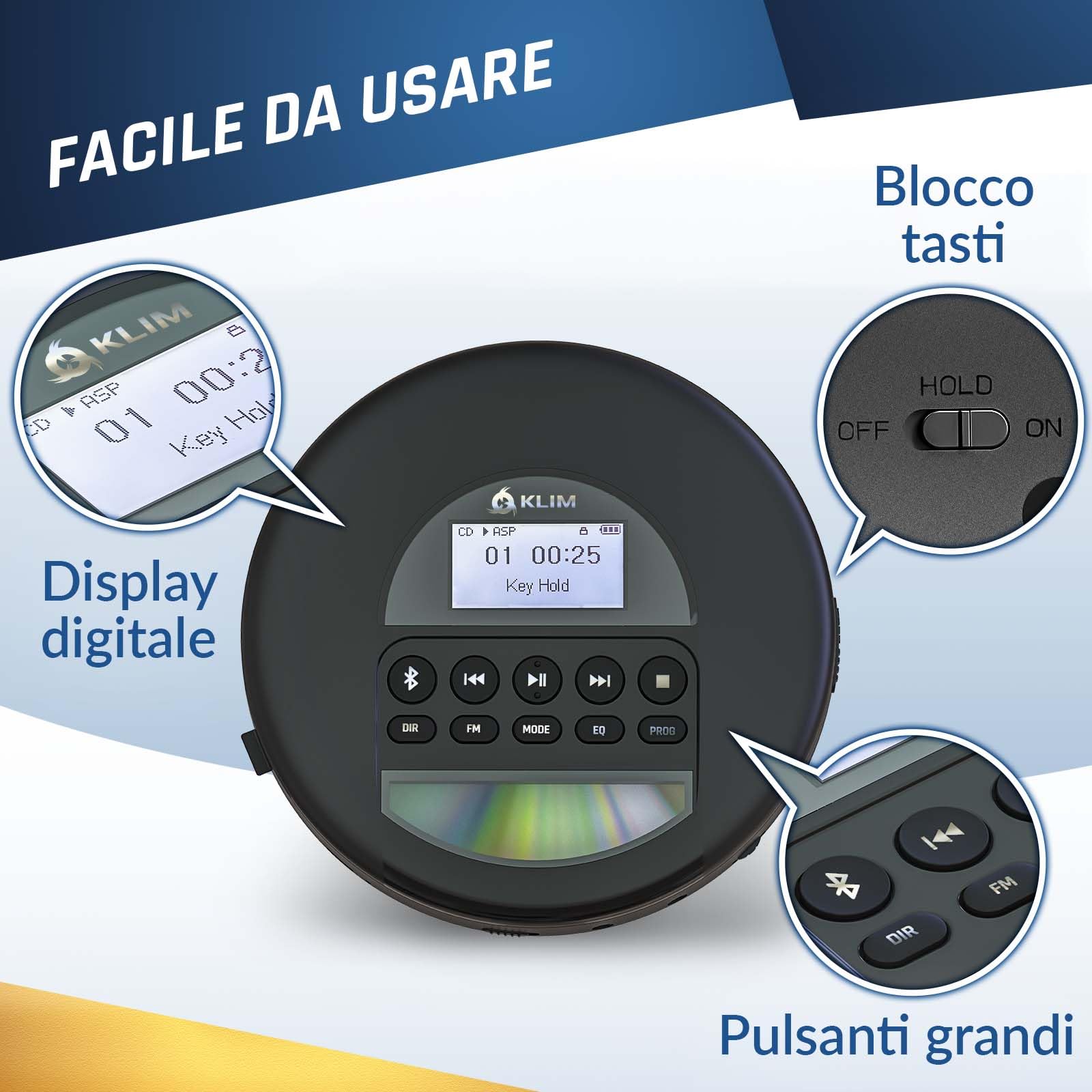 KLIM Nomad - Lettore CD Portatile - Batteria a Lunga Durata - Include Auricolari KLIM Fusion - Compatibile con CDR, CDRW, MP3 - Lettore SD, Radio FM, Bluetooth - Ideale per Auto - Hi-Fi - Argento