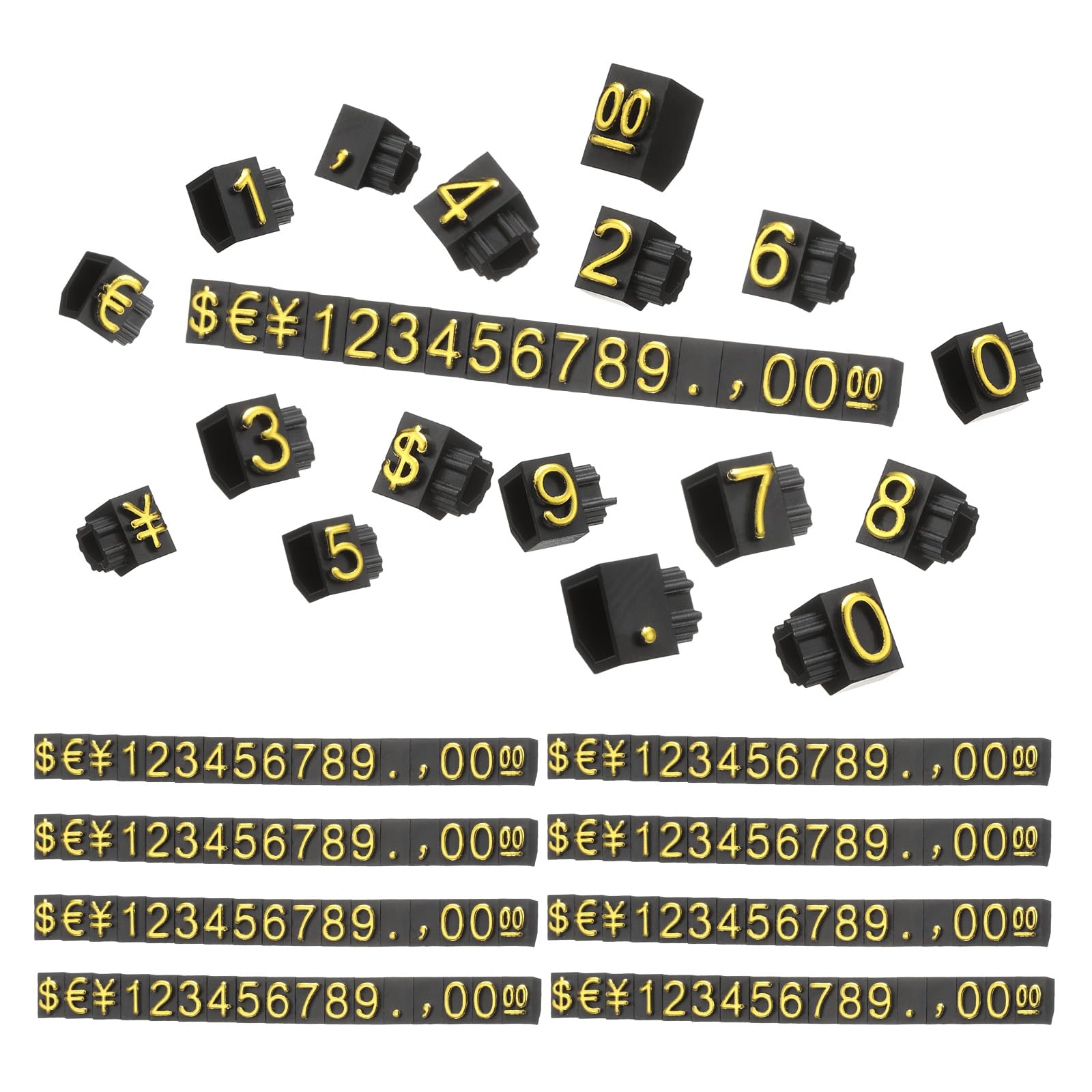 PATIKIL 3" x 0.24" Marking Tags Cube,10 Set Plastic Adjustable Counter Stand Label Number Letter Price Block Kit for Jewelry Supermarkets Bakeries Retail Shop, Black Gold (Medium)