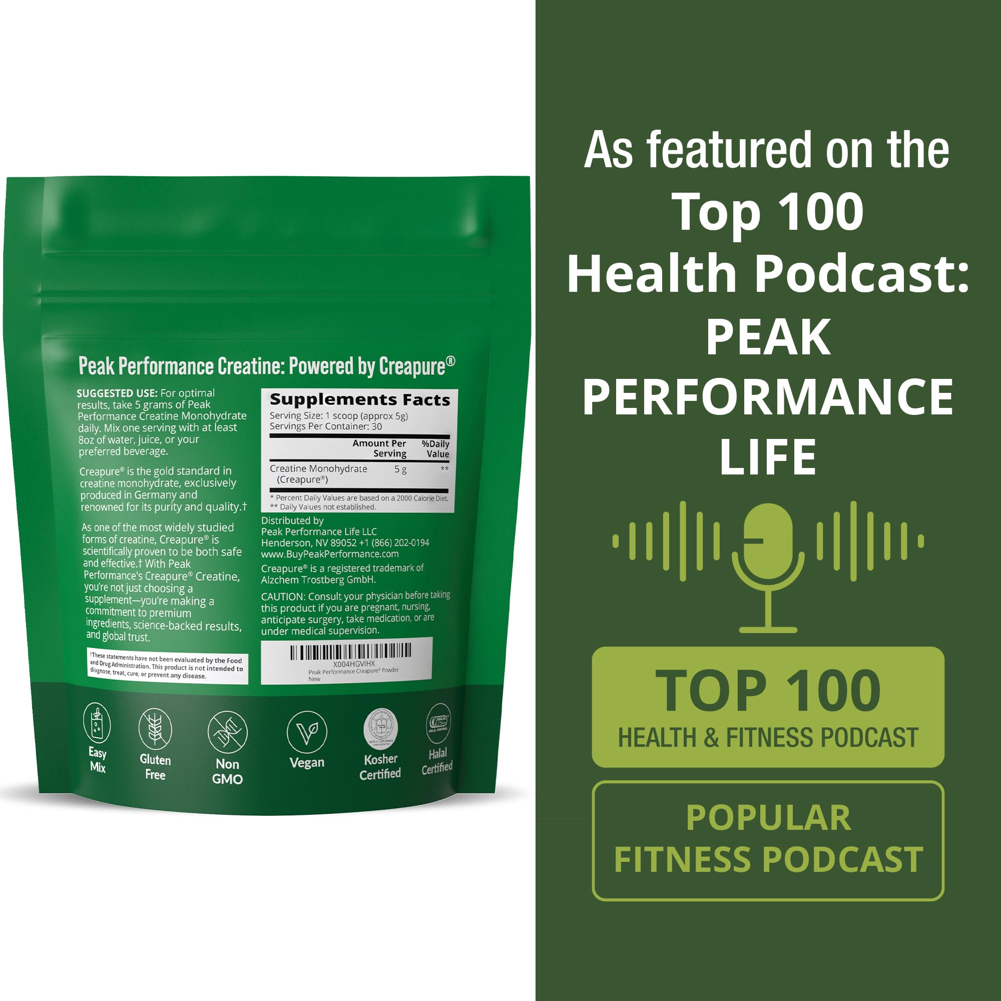 Creapure Creatine Monohydrate Powder. Ultra High Purity German Made Creatine with Nothing Else Added at All. Pure and Unflavored for Men & Women. Zero Bloating, No Sugar, Vegan Friendly Supplement