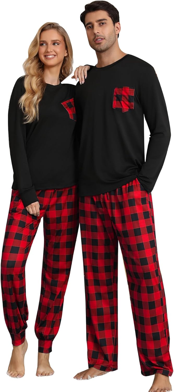 Christmas Pajamas Set Women & Men 2 Piece Buffalo Plaid Pajama Pants Fleece Tops For Couple & Family PJs Loungewear