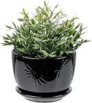 MyGift 7 Inch Round Matte Black Ceramic Plant Pot with Drainage Hole and Attached Saucer, Modern Decorative Embossed Sunburst Planter Container for Indoor Home Garden