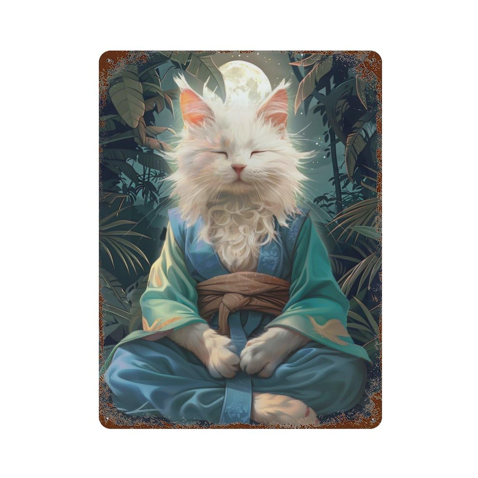 Decorative Tin Sign Cat Monk Meditate Mystic 15.7"x11.8", Novelty Wall Decor for Shed, Workshop And Garage Wall Decor