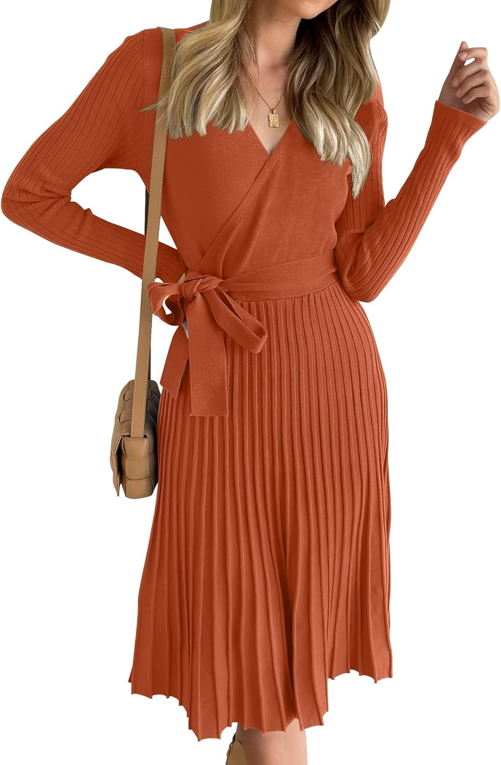 ZESICA Women's Fall Long Sleeve Wrap V Neck Ribbed Knit Pleated A Line Pullover Sweater Dress with Belt