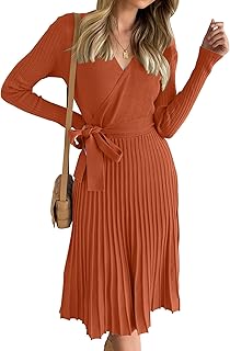 Women's Fall Long Sleeve Wrap V Neck Ribbed Knit Pleated A Line Pullover Sweater Dress with Belt