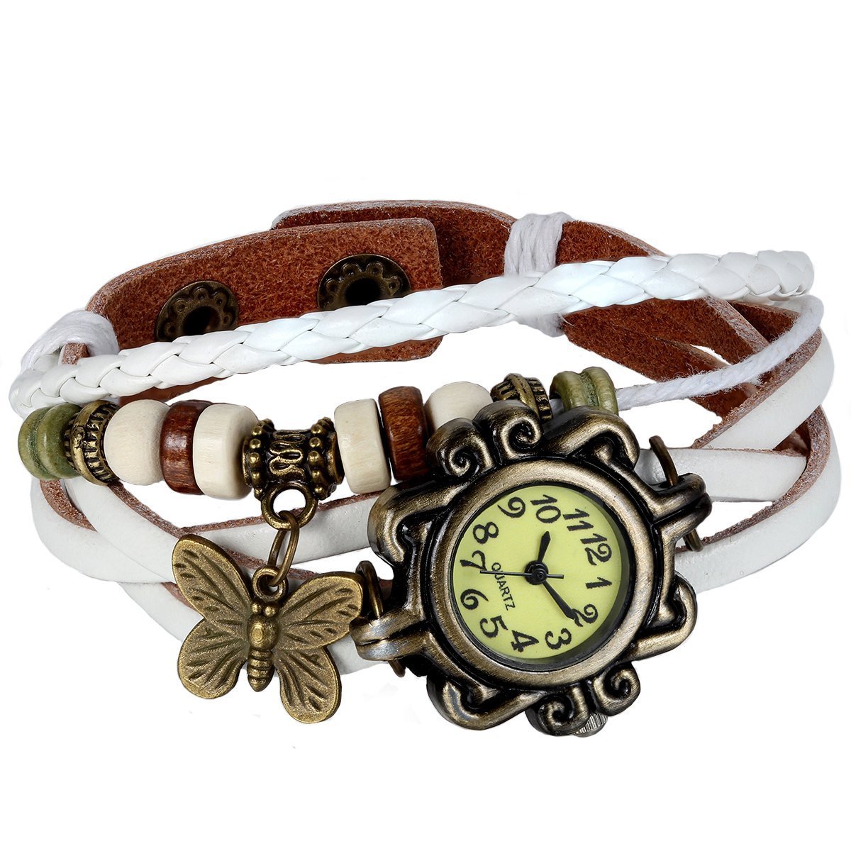 JewelryWe Womens Classic Fashion Weave Wrap Around Leather Analog Quartz Wrist Watch Bracelet Watch Set, (butterfly-white) (B012W9PKXI) Amazon Price History, Amazon Price Tracker
