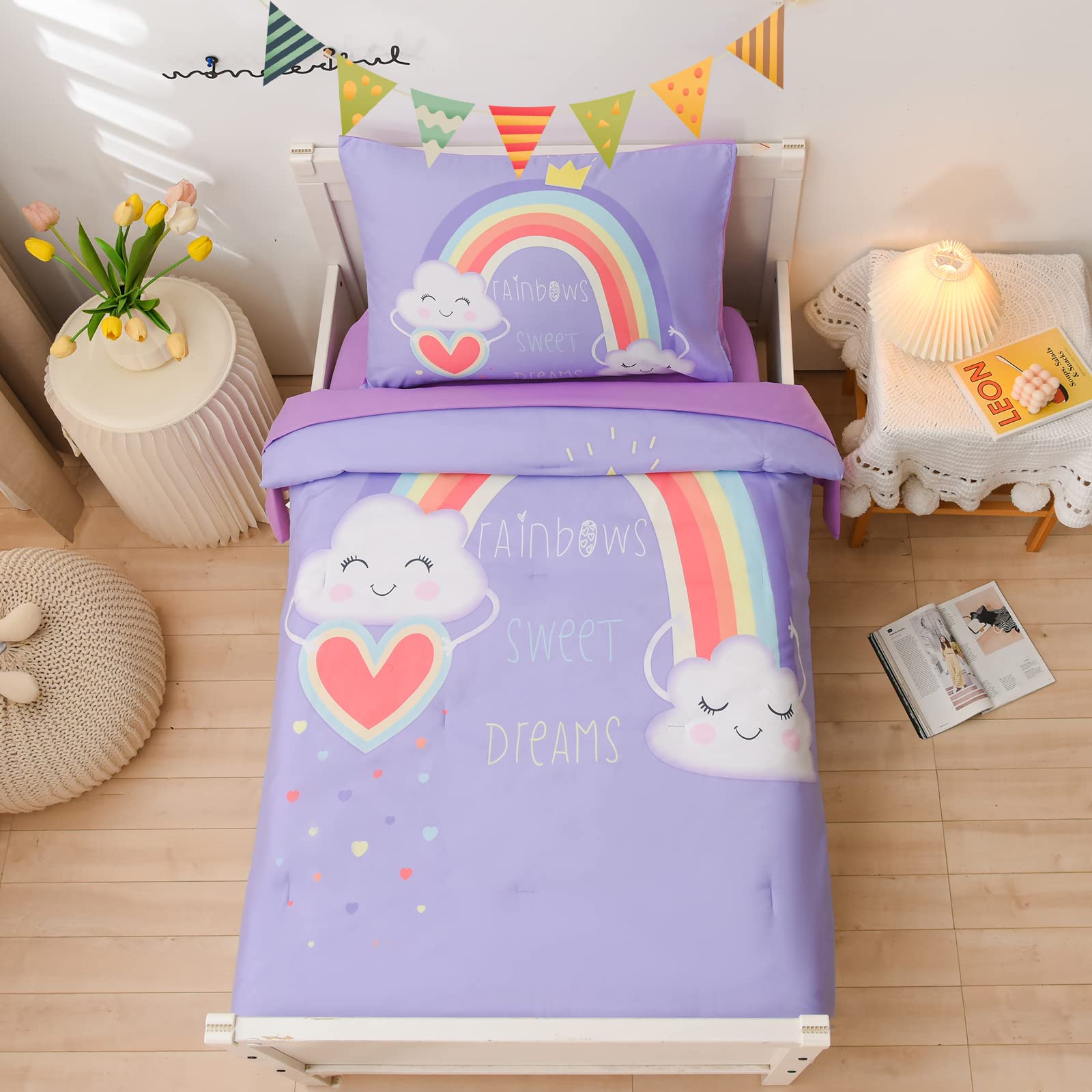 A Nice Night Bedding 4 Piece Cartoon Rainbow Toddler Bedding Set with Cloud Printed for Boys Bed Comforter Sheet Set,Purple