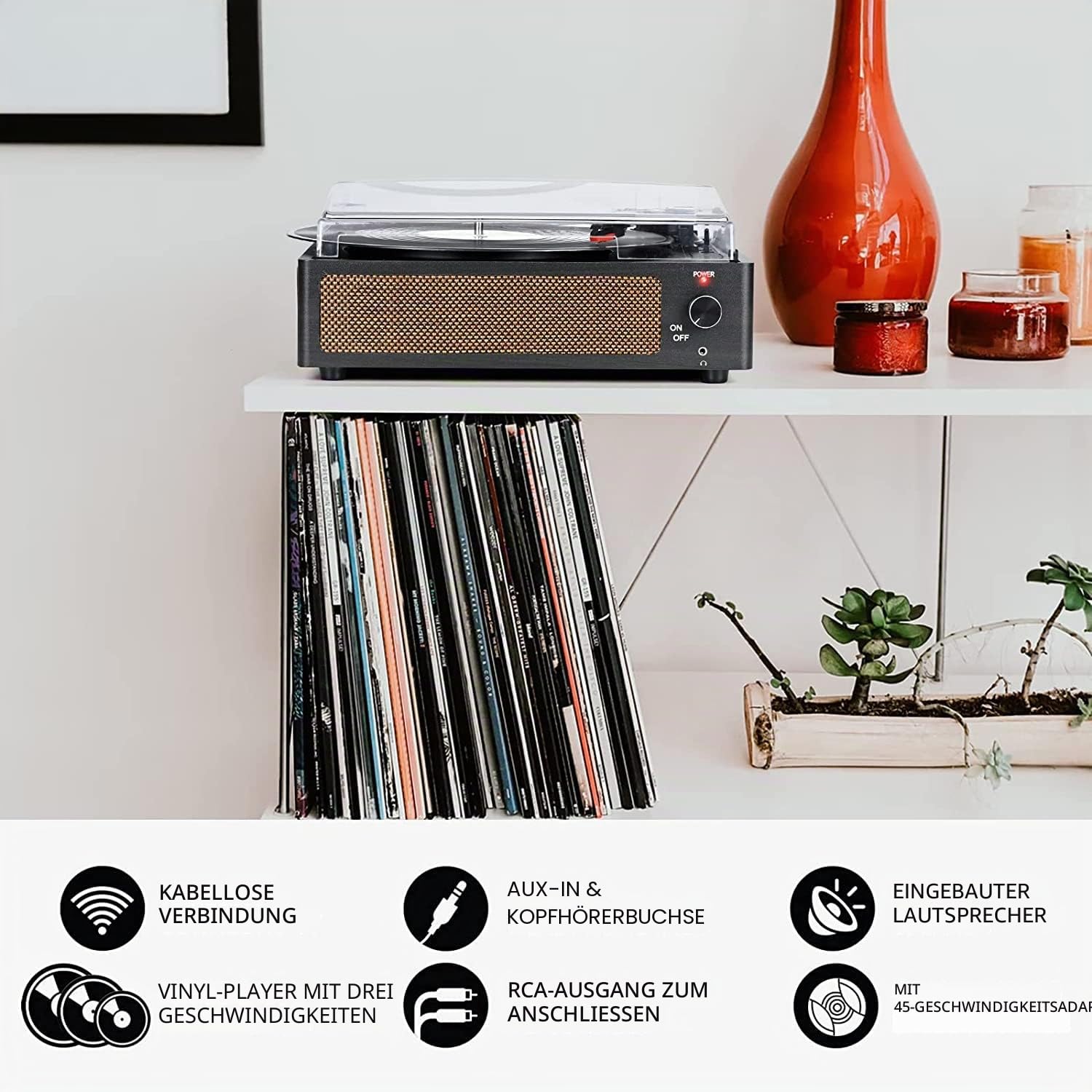 Trynnay Schallplattenspieler mit Lautsprecher Vintage Plattenspieler für Schallplatten, Riemenantrieb Plattenspieler Unterstützung 3-Gang, kabellose Wiedergabe, Kopfhörer, AUX-in, RCA Line LP Vinyl