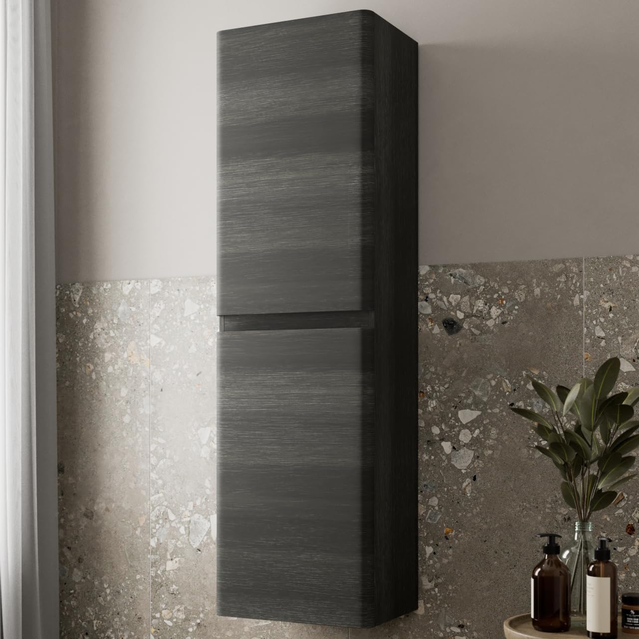 Artis® Centro 1200 x 350mm Wall Mounted Tall Bathroom Cabinet Wall Hung Tall Boy Unit 2 Door Bathroom Furniture Storage Cupboard Tallboy, Soft Close Doors, Charcoal Woodgrain Grey