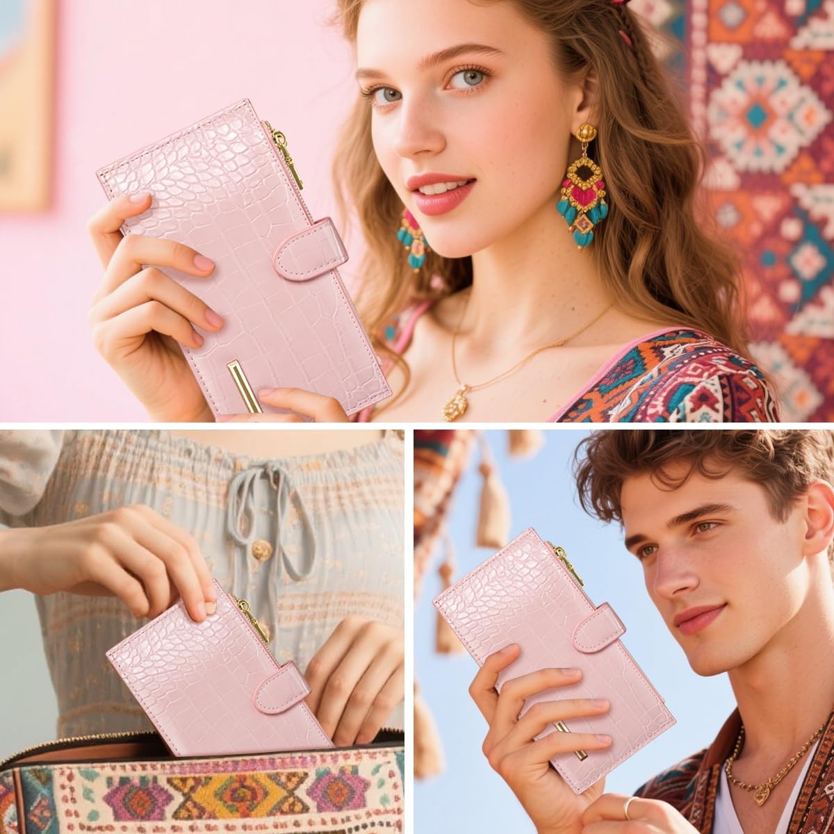 Women Wallet Large Capacity Wallets Crocodile RFID Blocking Multi Card Organizer Womens Billfold Long Purse Credit Cards Holder with Double Zipper,Pink