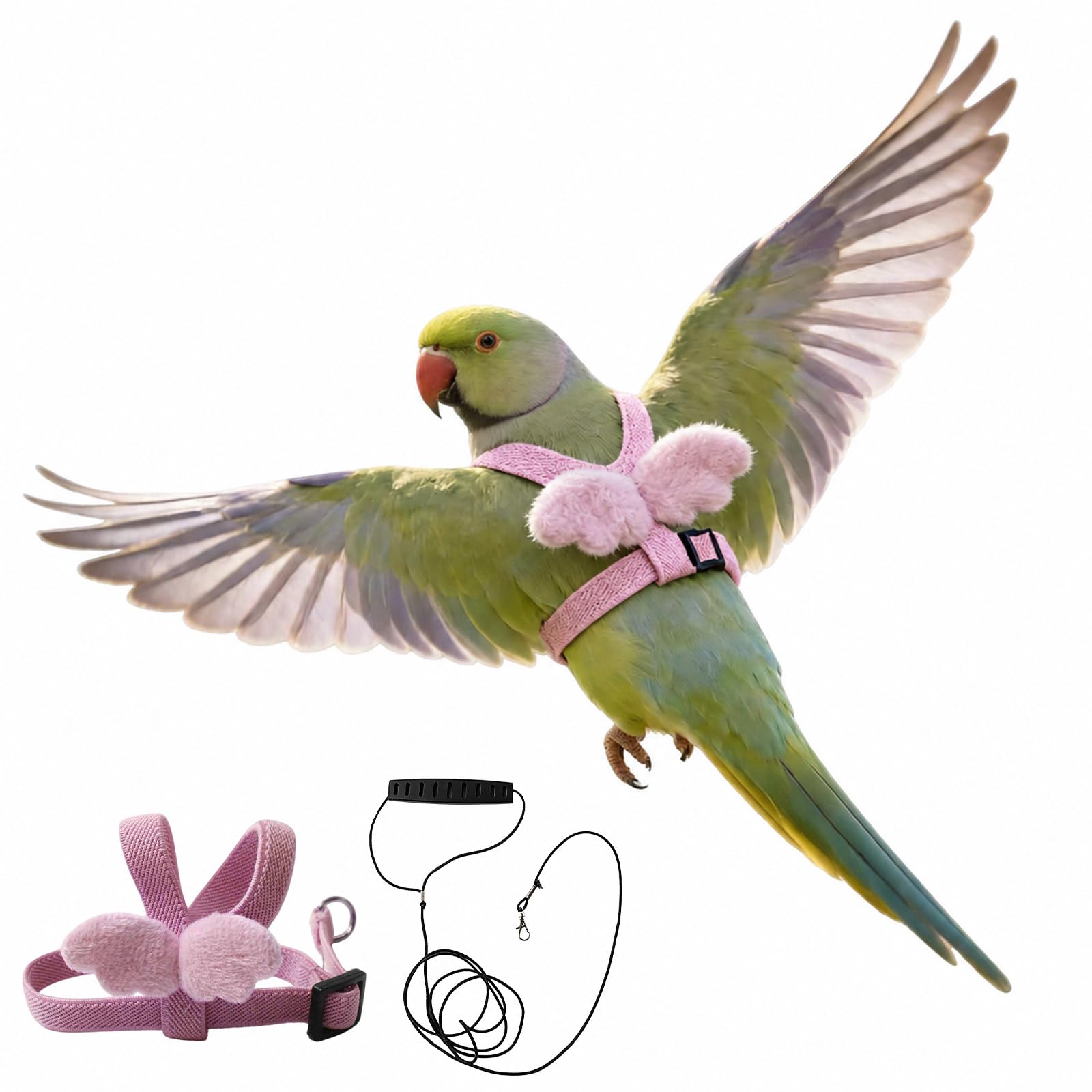Peybaiwy Parrot Harness and Leash Set Adjustable Bird Harness Rope Lightweight Flying Traction Leash Anti- Bite Elastic Strap for Walking Training (Pink, S)