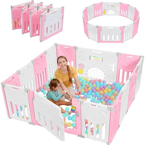 Baby Playpen, Dripex Baby Playard for Babies and Toddlers, 14-Panel Foldable Playpen Adjustable Portable Play Area, Indoor/Outdoor Kids Active Center with Game Panel & Safety Gate, Pink White