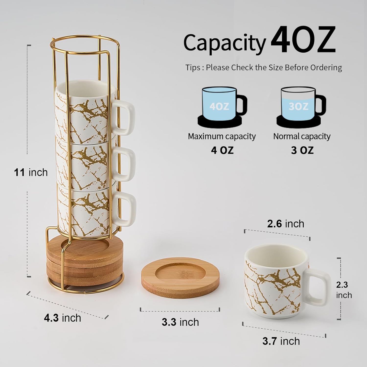 LUKA Porcelain Espresso Cup with Saucer and Metal Stand, 4 Ounce Stackable Ceramic Demitasse Espresso Mugs Cups Set for Latte,Coffee,Cafe Mocha,Tea(Set of 4),Marbling White - Image 2