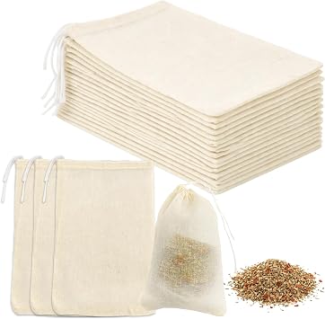 Muslin Spice Bags for Cooking, 4 x 6 Inch Natural Unbleached Cotton Drawstring Cheesecloth Bags, Reusable Tea & Herb Sachet Bags for Soup, Straining & Loose Leaf Tea 30pcs