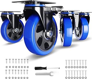 5 Inch Caster Wheels with Safety Dual Locking, Heavy Duty Casters Set of 4, Industrial Swivel Casters 2400Lbs, Polyurethane No Noise Wheels for Cart, Furniture(Bonus of 2 Hardware Kits)
