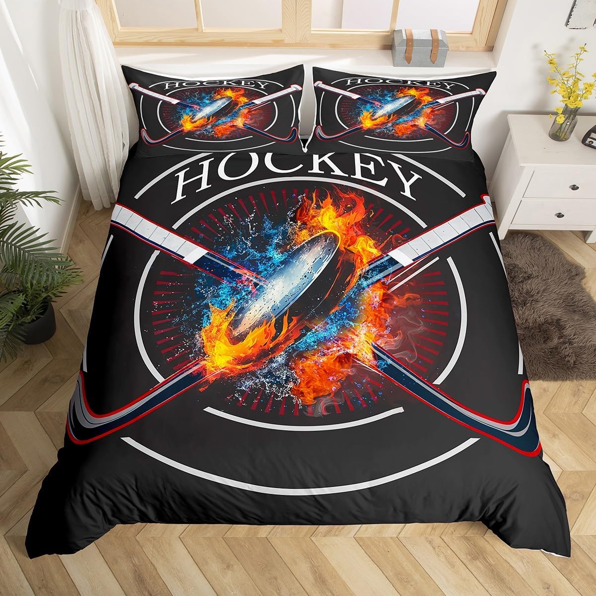 Ice Hockey Bedding Set,Winter Sports Duvet Cover for Kids Teens,Hockey Sports Comforter Cover Decorative Room,Sports Gaming Quilt Cover with 2 Pillowcases,King Size(No Comforter)