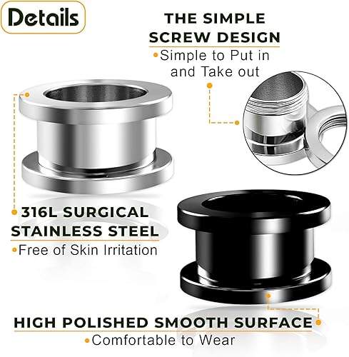 Miniatura 4 de BIG GAUGES 2 pares de túneles de tornillo de acero quirúrgico 316L negro anodizado joyería oreja estiramiento lóbulo tapón pendiente