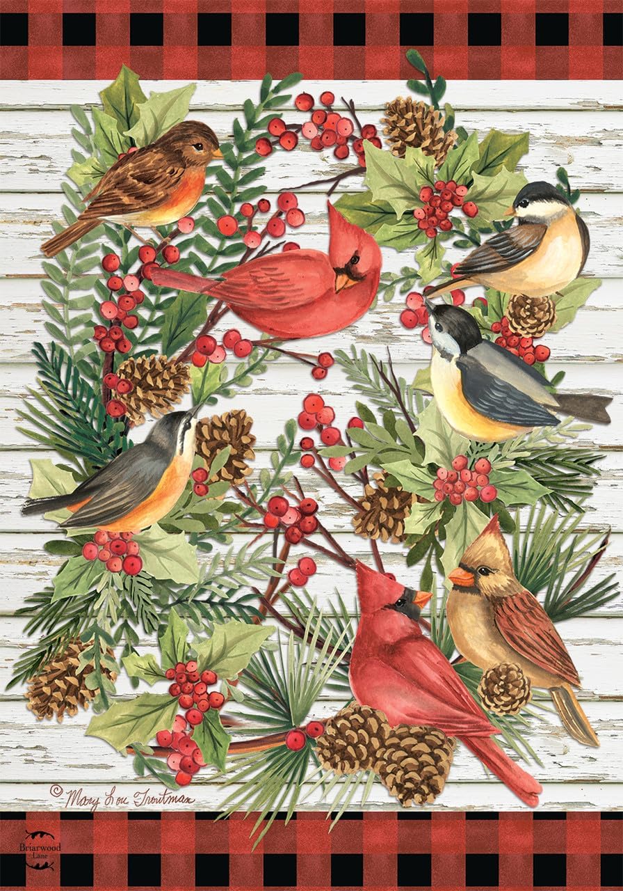 Winter Bird Wreath House Flag Cardinals Rustic Berries 28" x 40" Briarwood Lane