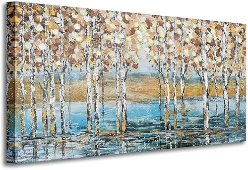 Lienzo de abedul para pared, diseño de árboles de álamo temblón, pintura texturizada de bosque otoñal, imágenes para sala de estar, dormitorio,